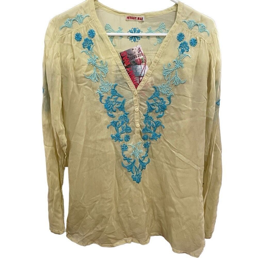 Johnny Was Tunic Women’s S Pastel Yellow Embroidered Boho Cupro NWT